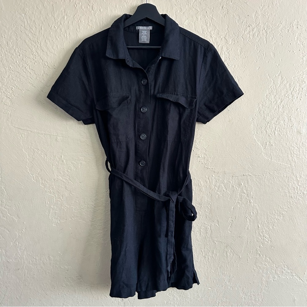 Black Short-Sleeve Shirt Romper with Belt